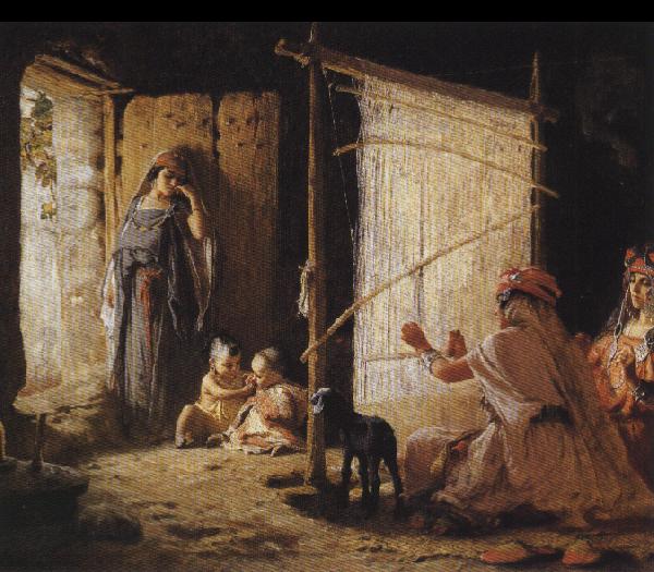 Frederick Arthur Bridgman Women in Biskra Weaving a Burnoose